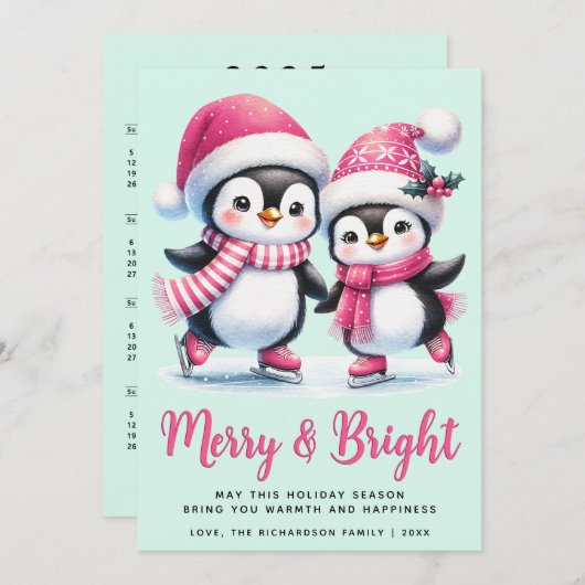 Pink und Mint Merry und Bright Pinguin Weihnachten (Vorne/Hinten)