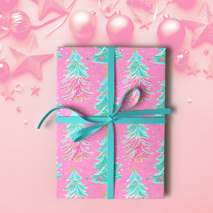 Pink und Mint Weihnachtsgeschenke Bäume Geschenkpapier