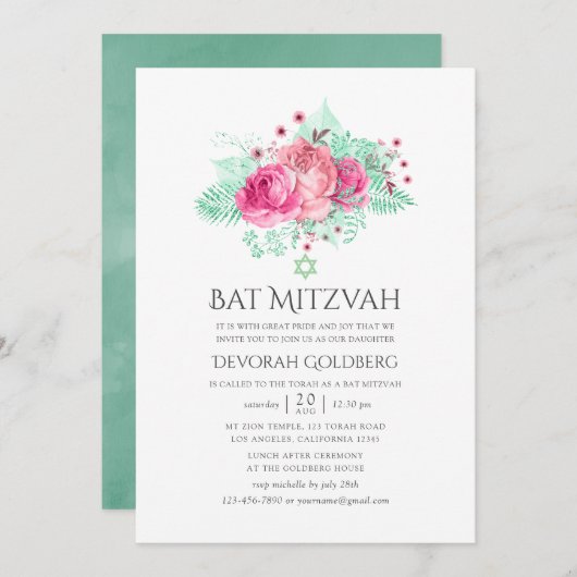 Pink und Minze Floral Bat Mitzvah Einladung (Vorne/Hinten)