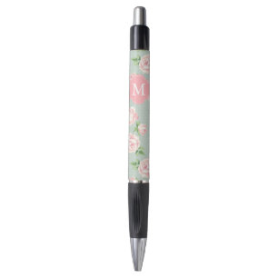 Pink und Minze Vintage Rose Muster Mit Monogramm Kugelschreiber