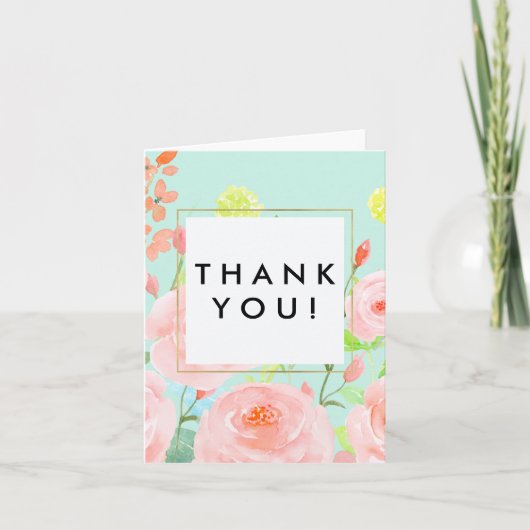 Pink und Minze Wasserfarbe Rose Danke (Vorderseite)