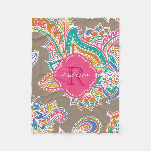 Pink und Mocha Boho Paisley Mit Monogramm Fleecedecke (Vorderseite)