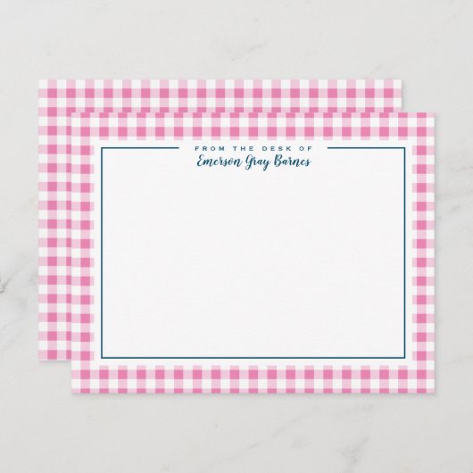 Pink und Navy Blue Accent Gingham Stationery Card Dankeskarte (Vorne/Hinten)