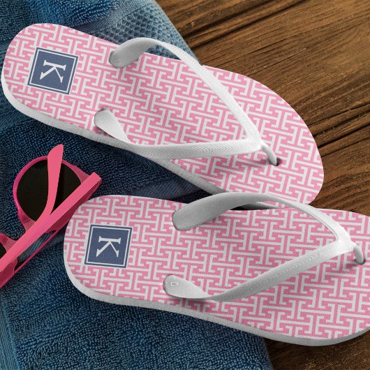 Pink und Navy Preppy Muster Monogram Badesandalen