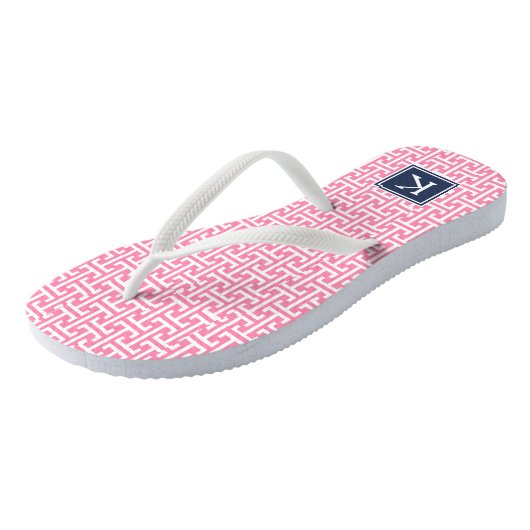 Pink und Navy Preppy Muster Monogram Badesandalen (Schrägansicht)