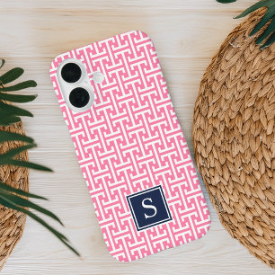 Pink und Navy Preppy Muster Monogram iPhone 16 Hülle