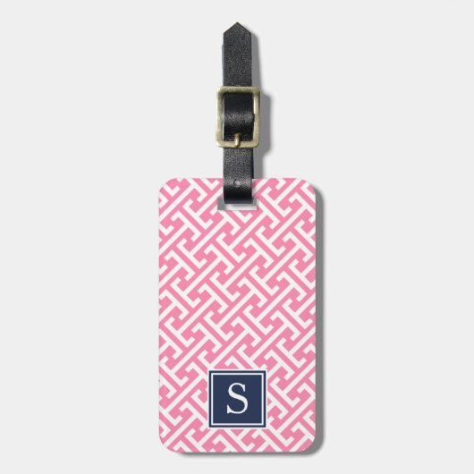 Pink und Navy Preppy Muster Monogram Gepäckanhänger (Vorderseite vertikal)