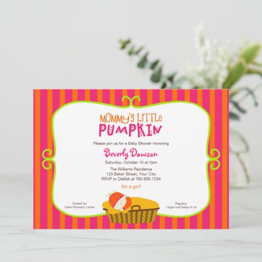 Pink und Orange Mommy's Little Pumpkin Baby Dusche Einladung (Stehend Vorderseite)