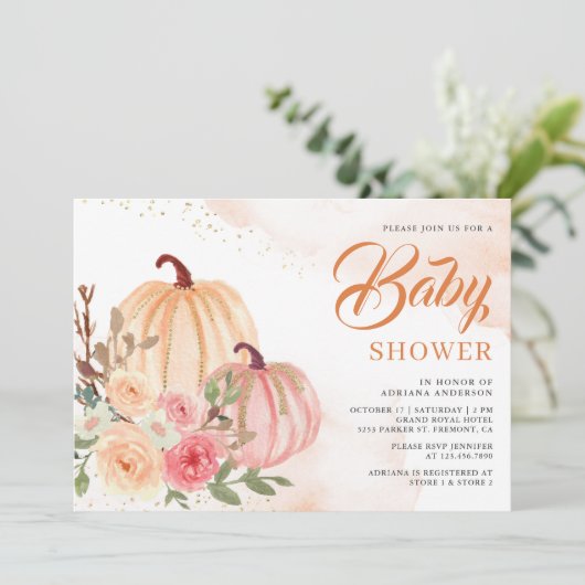 Pink und Peach Pumpkin Floral Fall Baby Dusche Einladung (Stehend Vorderseite)