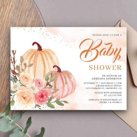 Pink und Peach Pumpkin Floral Fall Baby Dusche Einladung