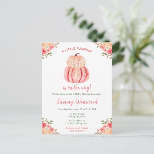 Pink und Peach Pumpkins Baby Dusche Postkarte (Stehend Vorderseite)