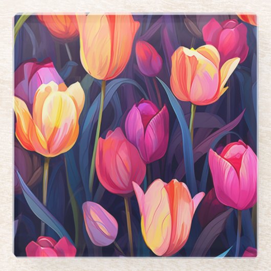 Pink und Peach Tulips Blumenmuster Glasuntersetzer (Vorderseite)