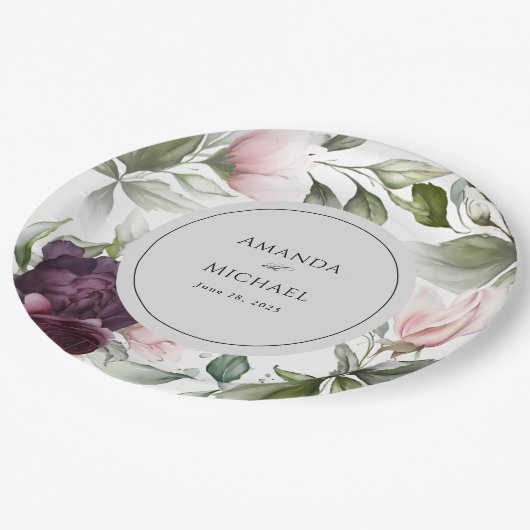 Pink und Plum Botanische Charm Hochzeit Pappteller (Schrägansicht)