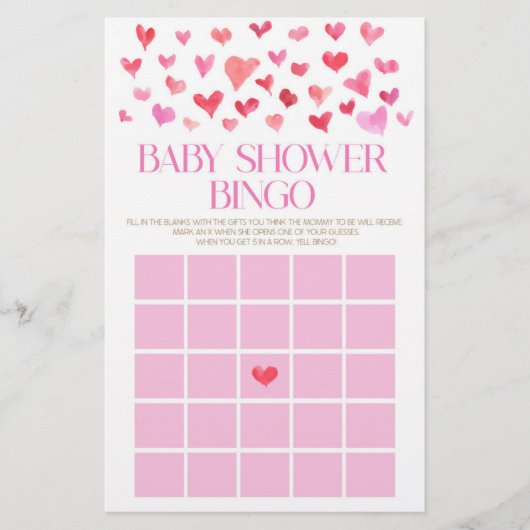 Pink und Red Hearts Bingo Baby Duschgame Briefpapier (Vorderseite)