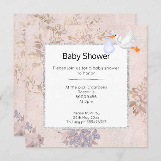 PINK UND ROSE GOLD BLAU MODERNE STORK BABY DUSCHE EINLADUNG (Vorne/Hinten)