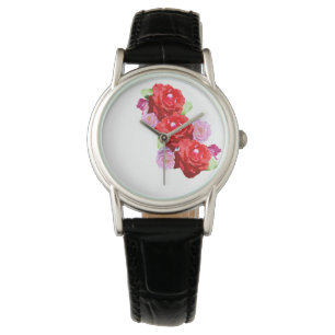 Pink und Rote Rose Bouquet, Damen Leder Armbanduhr