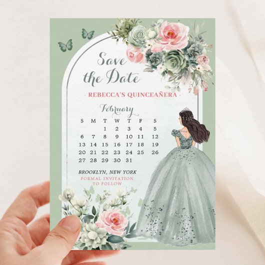 Pink und Sage Green Quince Calendar Save the Date Einladung