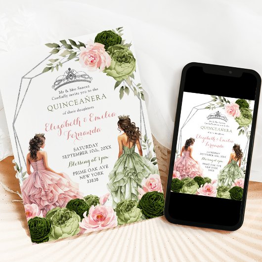 Pink und Sage Green Twins Geometric Quinceañera Einladung