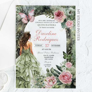 Pink und Sage Green Whimsiswald Quinceanera Acryleinladungen