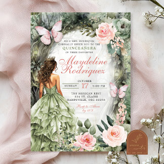 Pink und Sage Green Whimsiswald Quinceanera Einladung