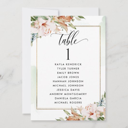 Pink und Sage Sitzplan Karten mit Gästebamen (Vorderseite)