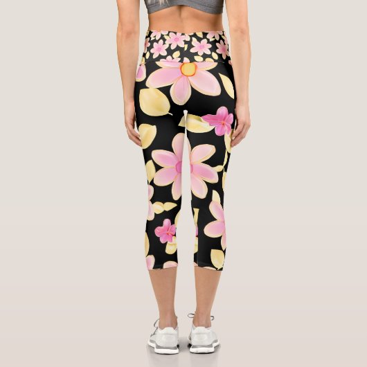 Pink und Schwarz-Blume-Muster Capri Leggings (Rückseite)