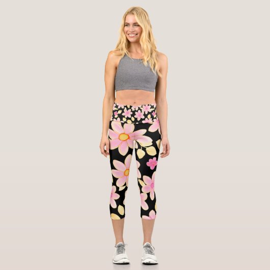 Pink und Schwarz-Blume-Muster Capri Leggings (Vorderseite)