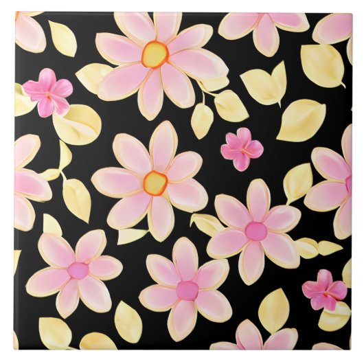 Pink und Schwarz-Blume-Muster Fliese (Vorderseite)