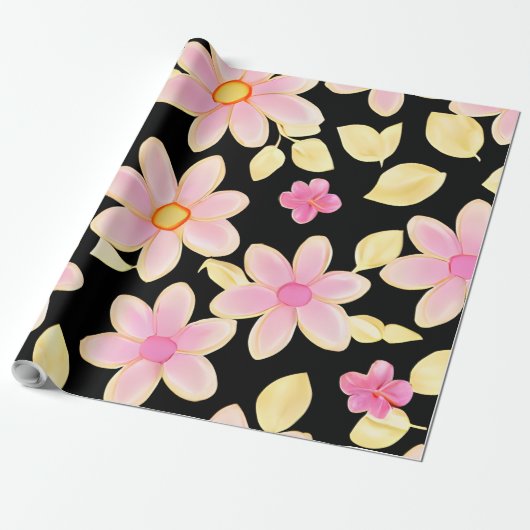 Pink und Schwarz-Blume-Muster Geschenkpapier (Ungerollt)