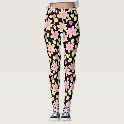 Pink und Schwarz-Blume-Muster Leggings (Vorderseite)