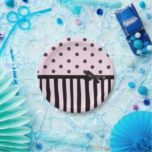 Pink und schwarz Polka Dot Streifen Party Papierpl Pappteller (Party)