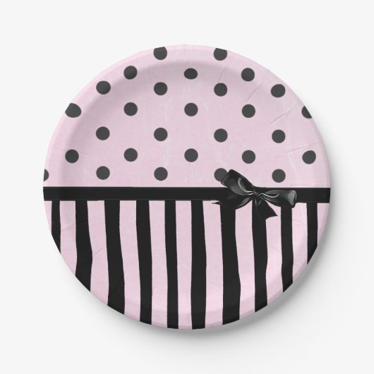 Pink und schwarz Polka Dot Streifen Party Papierpl Pappteller (Vorderseite)