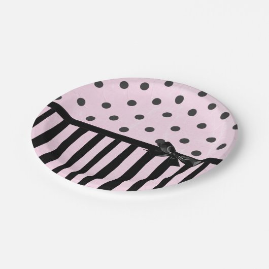 Pink und schwarz Polka Dot Streifen Party Papierpl Pappteller (Schrägansicht)