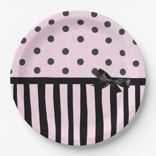 Pink und schwarz Polka Dot Streifen Party Papierpl Pappteller (Vorderseite)