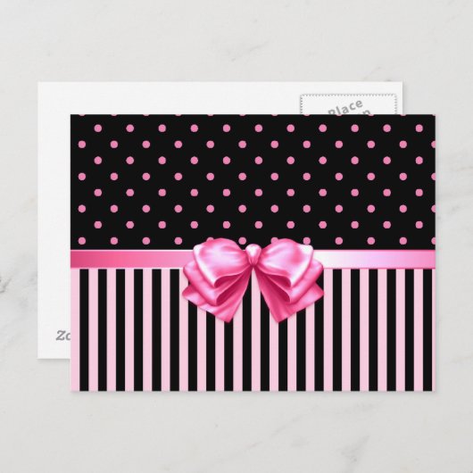 Pink und schwarz Polka Punkte/Streifen Postkarte (Vorne/Hinten)