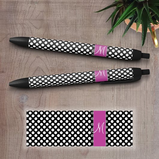 Pink und Schwarz-Polka-Punktmuster mit Monogramm Kugelschreiber