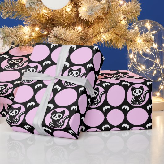 Pink und Schwarz Skelett Katzenwrapping Paper Geschenkpapier (Feiertage)