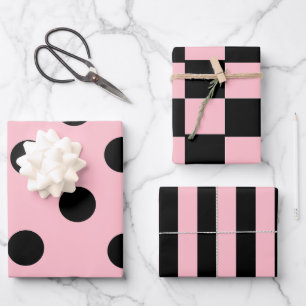 Pink und schwarz Streifen, Schachbretter, Polka Do Geschenkpapier Set
