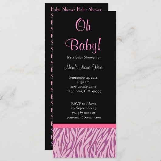 Pink und schwarz Zebra Print Baby Dusche Einladung (Vorne/Hinten)