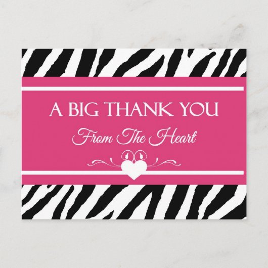 Pink und schwarz Zebra Print Vielen Dank aus dem H Postkarte (Vorderseite)