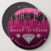 Pink und schwarzer Glitter-Drip-Diamant Sweet Sixt Button (Vorne & Hinten)