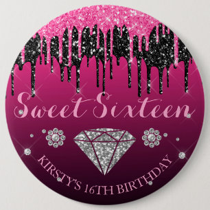 Pink und schwarzer Glitter-Drip-Diamant Sweet Sixt Button
