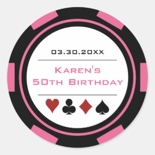 Pink- und schwarzes Kasino-Pokerchip-Geburtstag Runder Aufkleber