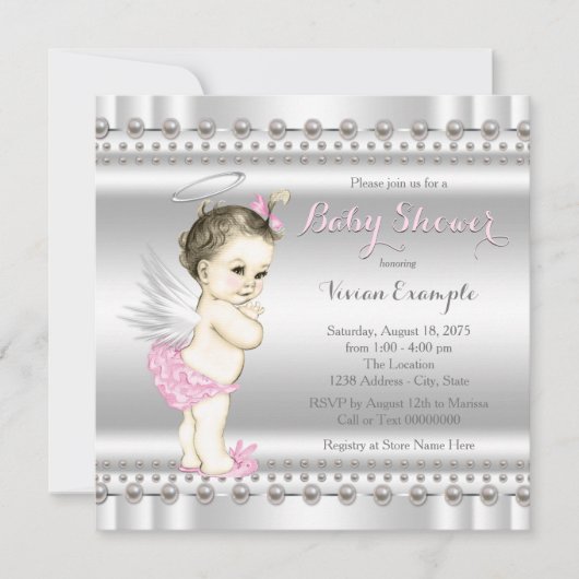 Pink und Silver Angel Baby Dusche Einladung (Vorderseite)