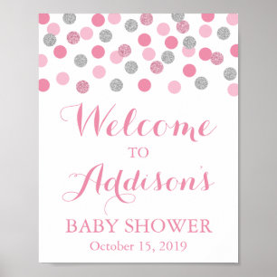 Pink und Silver Baby Dusche Begrüßungszeichen Plak Poster