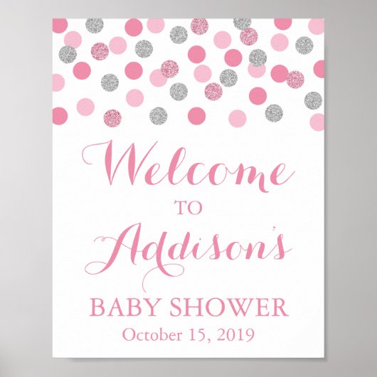 Pink und Silver Baby Dusche Begrüßungszeichen Plak Poster (Vorne)