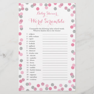 Pink und Silver Baby Dusche Word Scramble Game Flyer