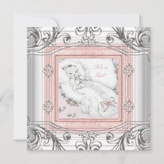 Pink und Silver Baby Girl Dusche Einladung (Vorderseite)