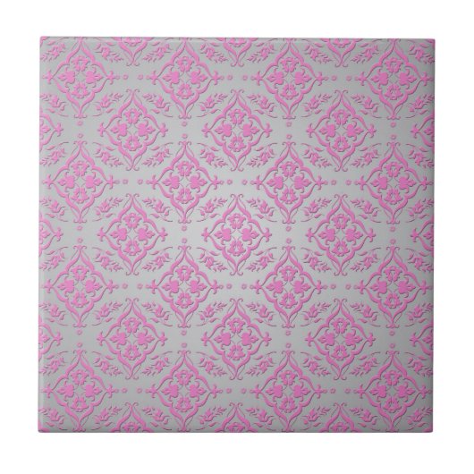 Pink und Silver Girl Damask Muster Fliese (Vorderseite)