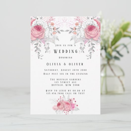 Pink und Silver Peony Florals Hochzeit Einladung (Stehend Vorderseite)